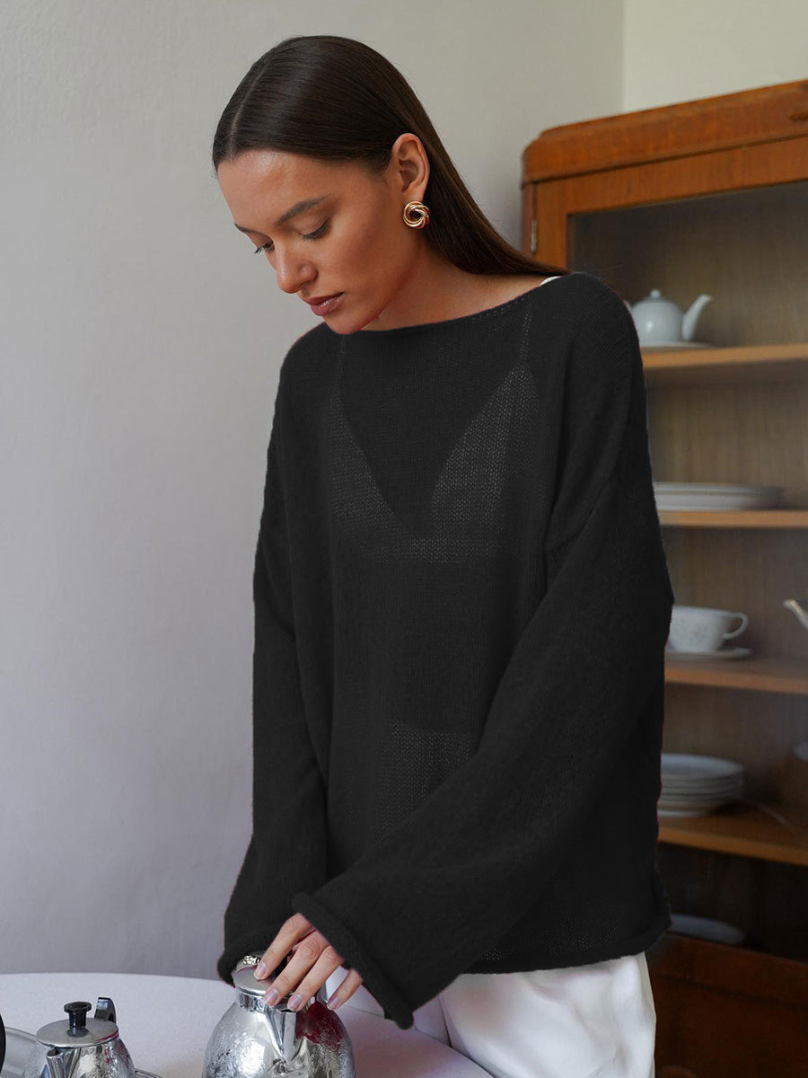 Damer casual sweater med brede ærmer og fint huller strik design Stilla