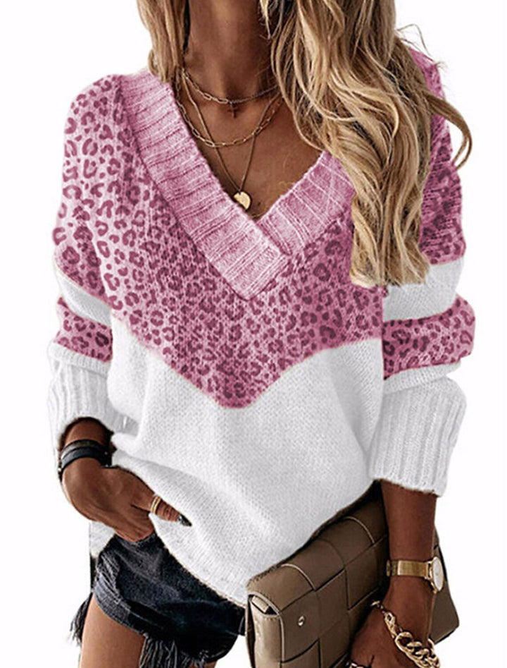 Dame moderigtig V-udskæring pullover med leopardmønster Stilla