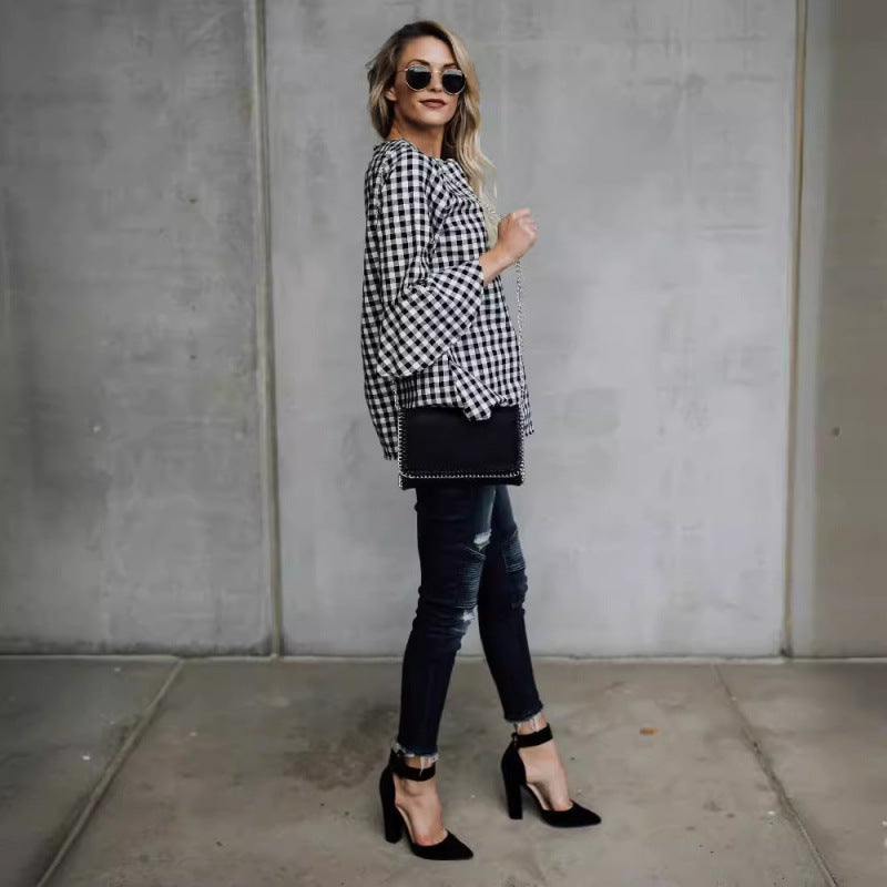 Dame Gingham Tern Rynkeærme Top Stilla