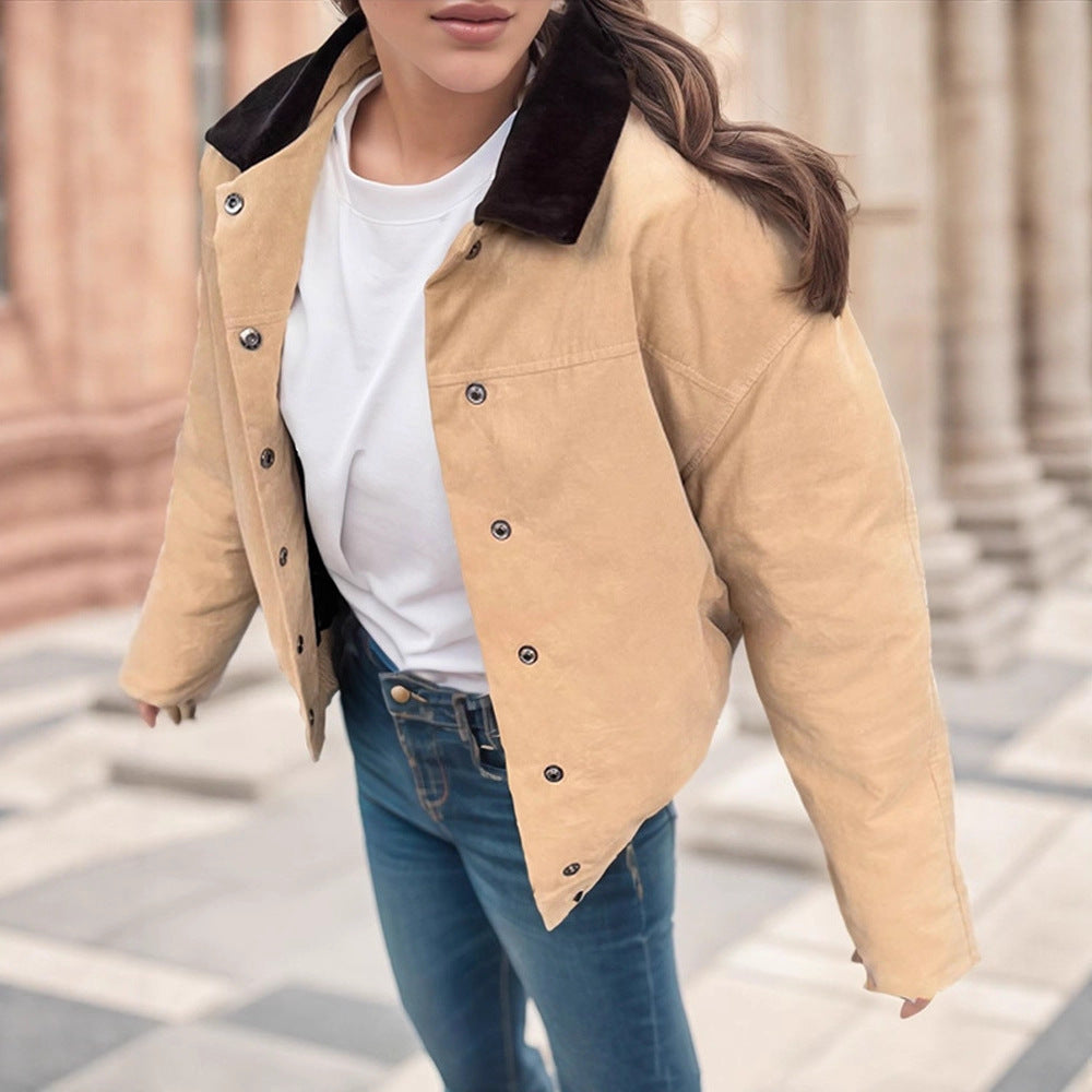 Dame mode Oversized-jakke med fløjlskrave og trykknaplukning Stilla