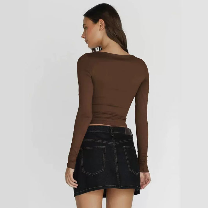 Dame Langærmet Crop-Top med figursyet snit og strækbart materiale Stilla