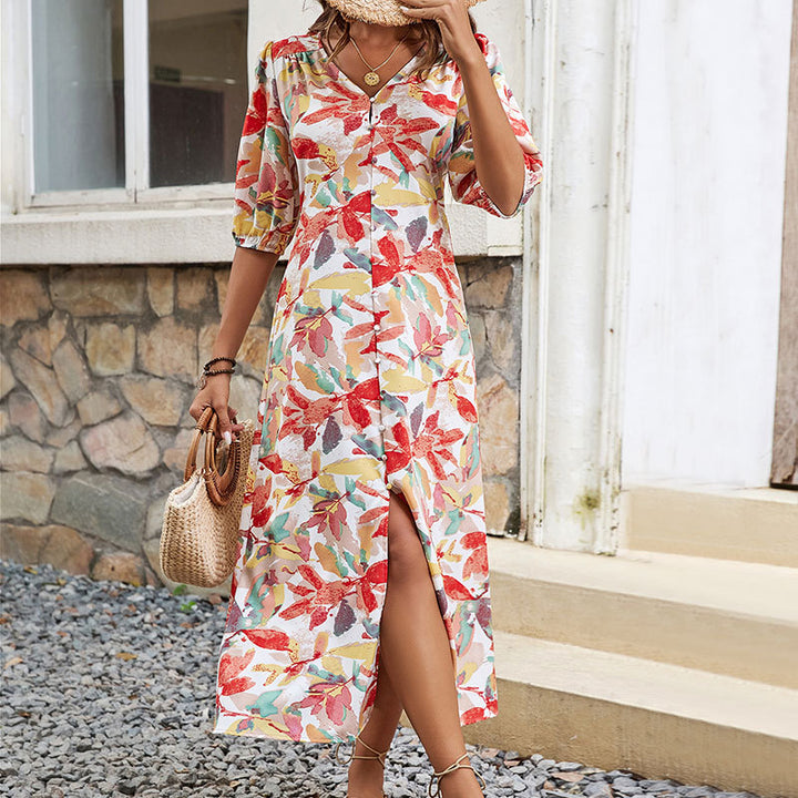 Dame Floral Print Button-Up Maxi Kjole Stilla