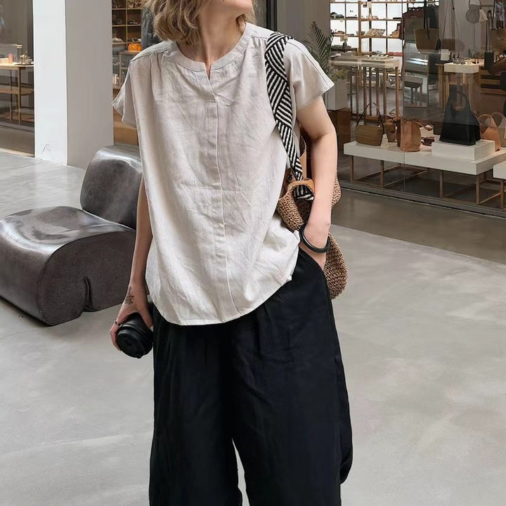 Femme Relaxed Fit Korte Ærmer Button-Up Linned Top Stilla