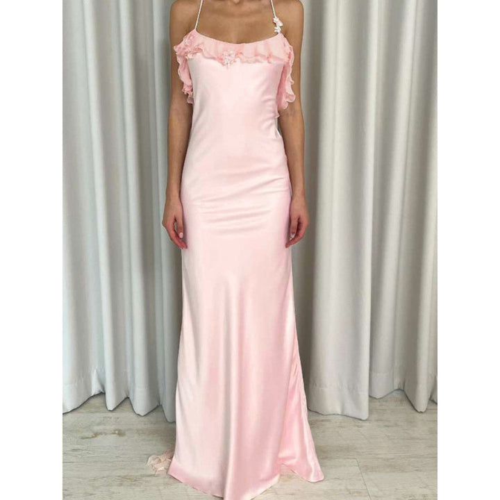 Damen Maxi-Kleid mit eleganten Rüschendetails und tiefem Rückenausschnitt Skovae