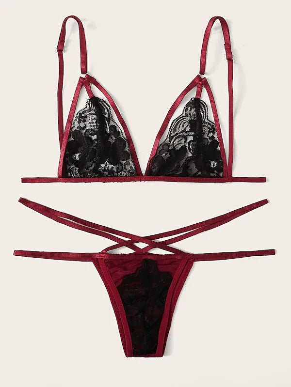 Dame Strappy Lace Bralette og String-Sæt Stilla