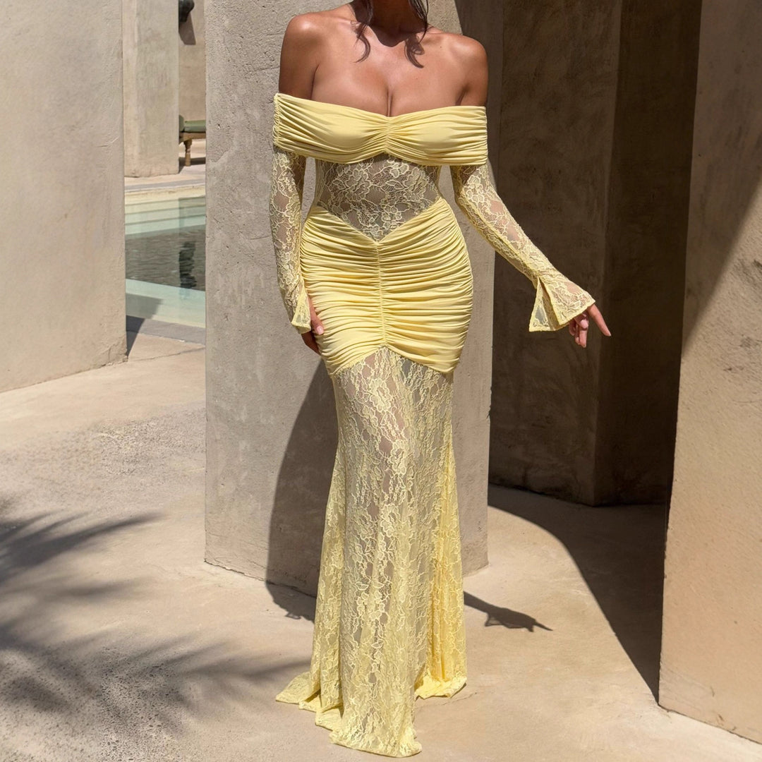Damer Elegant Spids-Maxikjole med elegant Off-Shoulder Design og Rynker Skovae