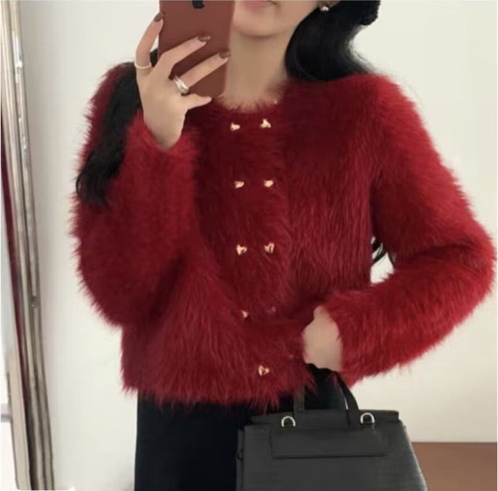 Femme Fluffy Textureret Knaplukning Pullover Stilla