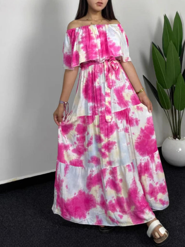 Dame maxikjole i afslappet boho-stil med off-shoulder-udskæring og bindebælte Stilla