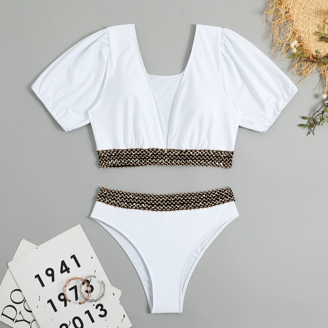 Dame bikini-sæt med voluminøse puffærmer og elegant bånd Stilla