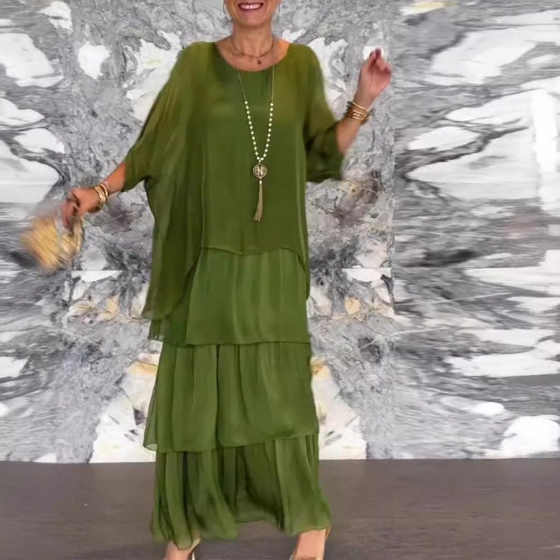 Stilla | Elegant Kvinders Rund Hals Batwing Ærme Lang Kjole