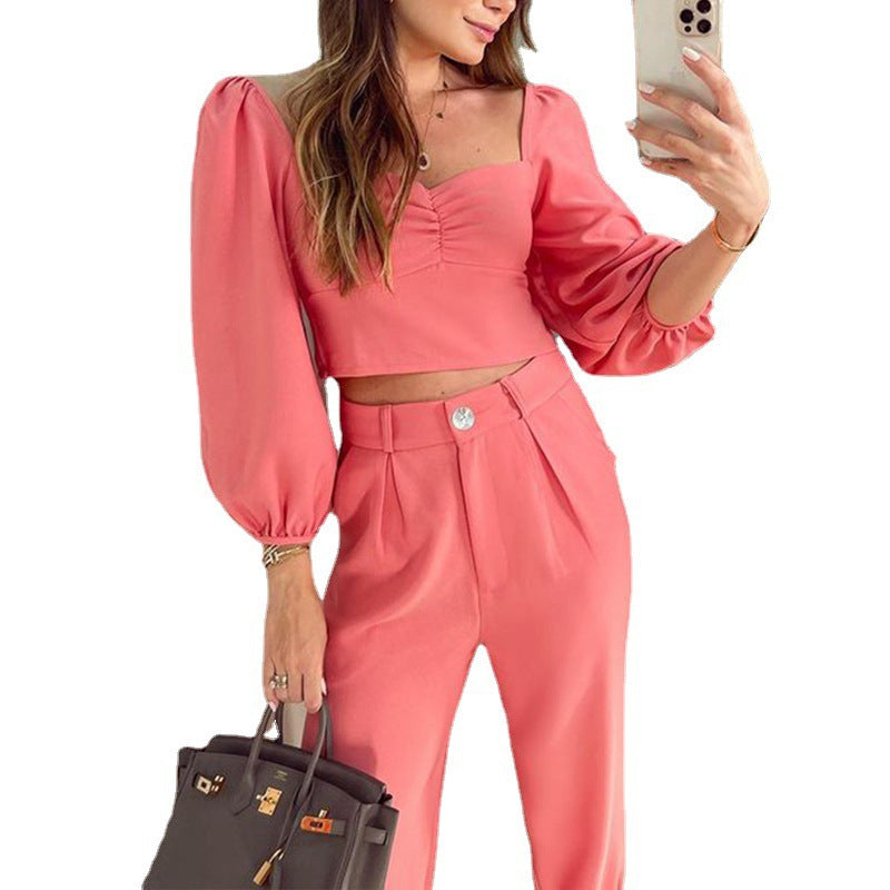 Dame Crop-Top og High-Waist Bukser Sæt med Puffærmer Stilla