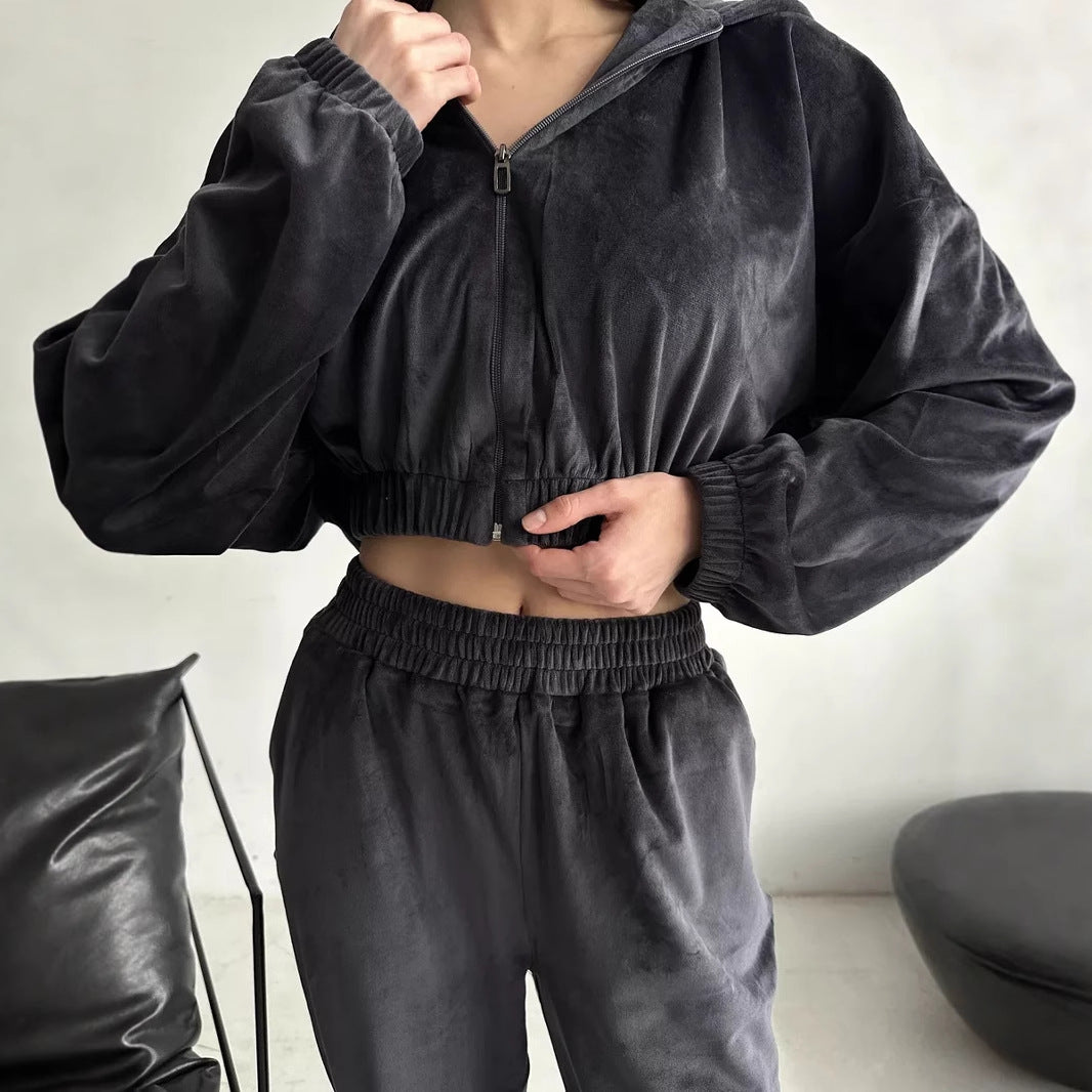 Kvindernes afslappede velour sweatshirtjakke med en løs pasform og elastisk talje Skovae