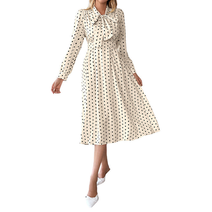 Kvindernes Polka Dot Midi Kjole med Sløjfe Krave og Lange Ærmer Stilla