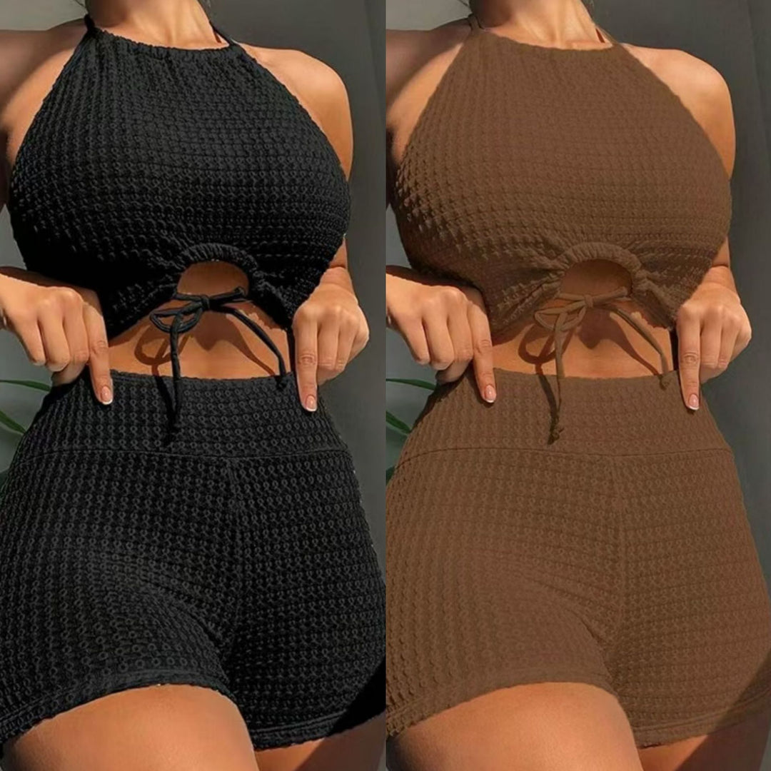 Dame stilfuldt halterneck top og høj talje shorts sæt Stilla
