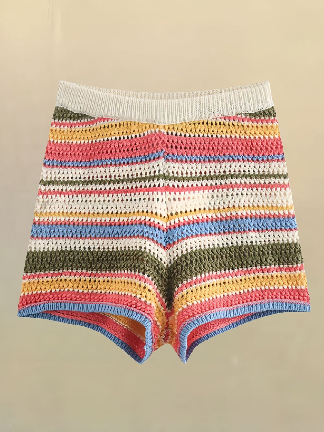 Dame trendy hæklede shorts med elastisk talje og farverigt stribemønster Stilla