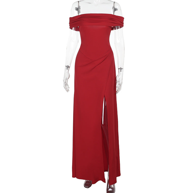 Dame Elegant Off-Shoulder-Maxi-Kjole med forførende split Skovae