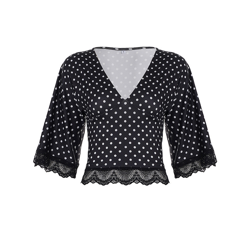 Dame polka-dot bluse skjorte med spidsudsmykning Skovae