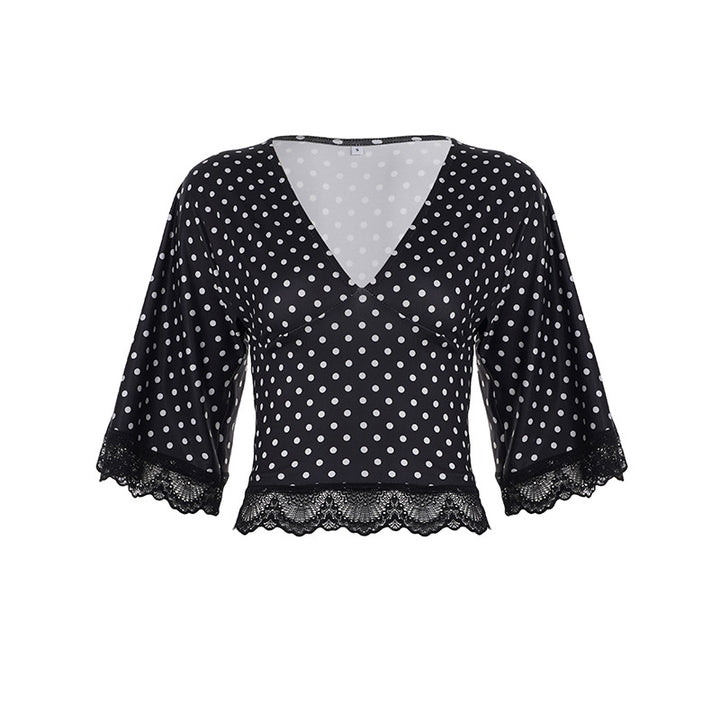 Dame polka-dot bluse skjorte med spidsudsmykning Skovae