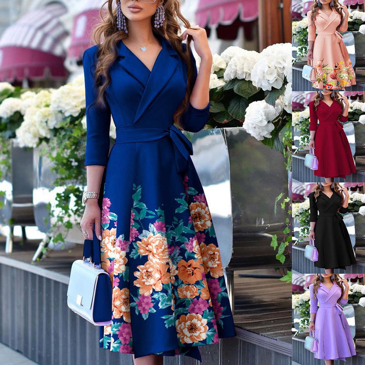 Dame Elegant skåret omslagskjole med floralt kant Stilla