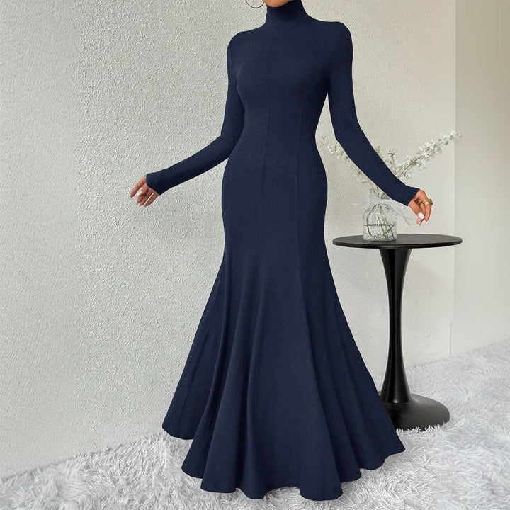 Dame elegant langærmet maxi kjole med høj krave og flagrende bund Stilla