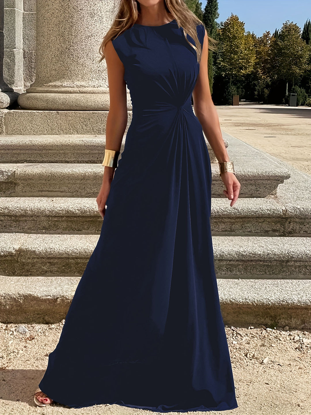 Dame elegant A-linje maxikjole med side rynkning Stilla