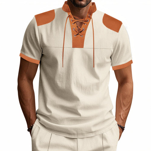 Herre afslappet kortærmet Henley T-shirt med innovativ snøre design og høj kvalitet struktur Stilla