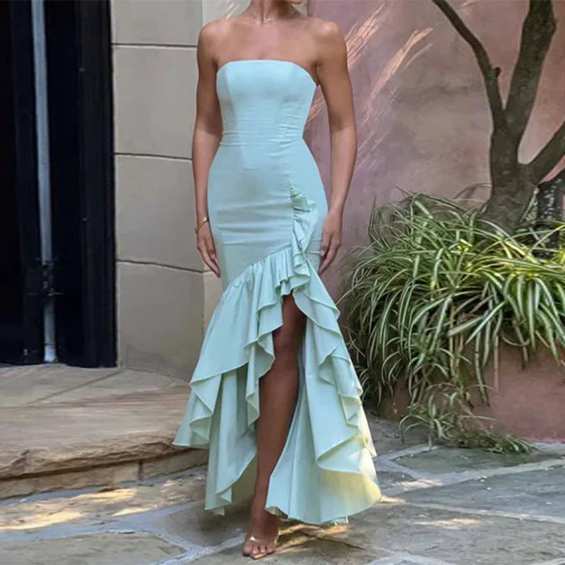 Dame Elegant Strapless Aftenkjole med Rynker og Slids Stilla