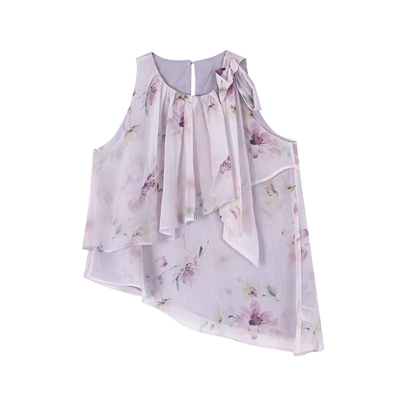 Dame rynketop i let chiffon med blomstret design og indpakningsdetalje Stilla