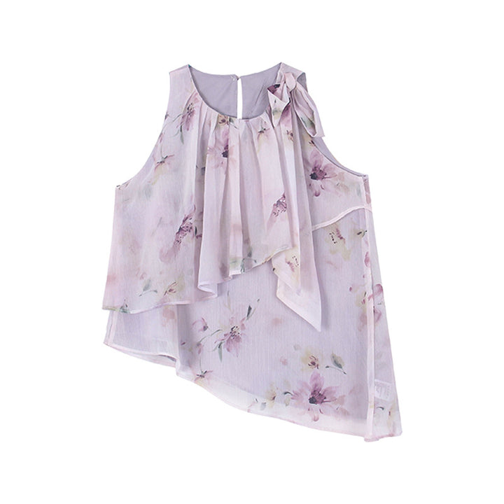 Dame rynketop i let chiffon med blomstret design og indpakningsdetalje Stilla