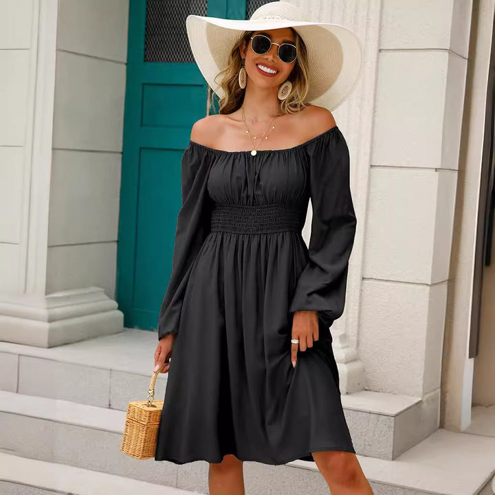 Dame Off-Shoulder Kjole med elastisk taljebånd og lange puffærmer Stilla