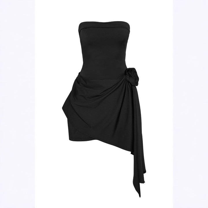 Dame elegant skulderfri viklekjole med asymmetrisk kant og blomstret detalje Skovae