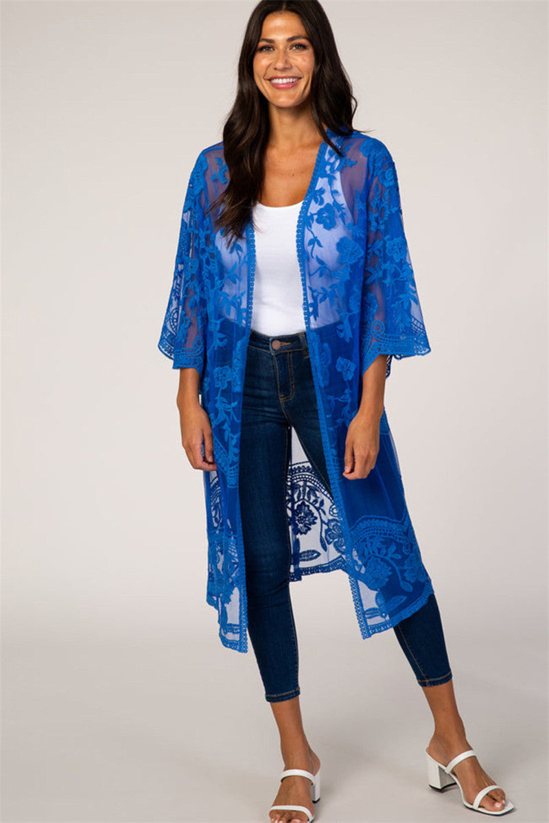 Dame Elegant Hækle-Kimono med florale Detaljer Stilla