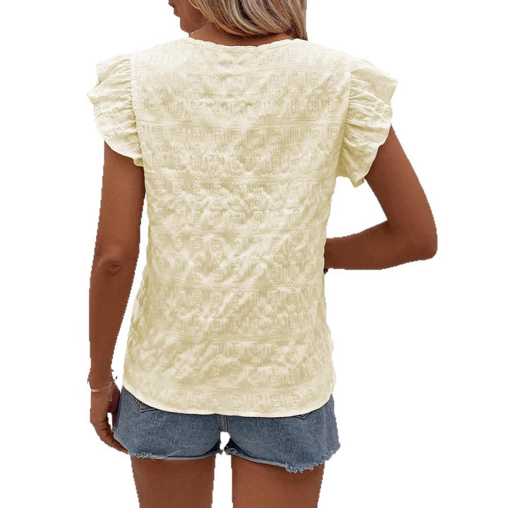 Dame kortærmet bluse med flæsedetaljer og blomsterbroderier Stilla