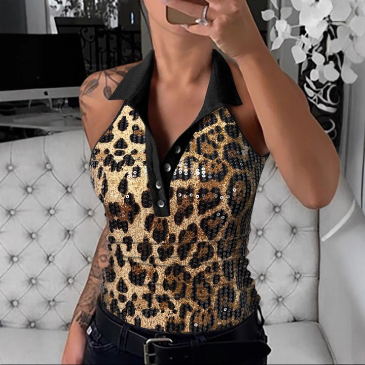 Dame Trendy Poloshirt med glitrende leopardmønster og moderne krave Stilla