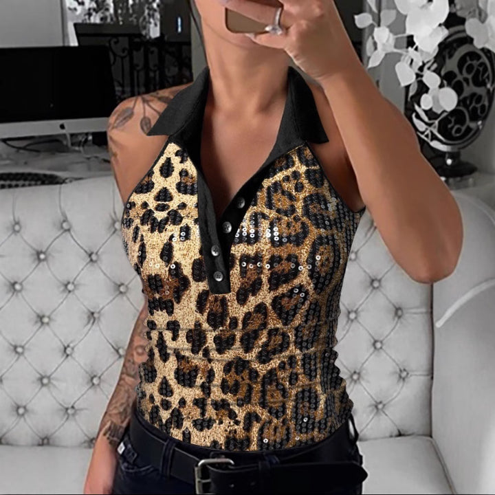 Dame Pailletter Leopardmønster Polo T-shirt Stilla