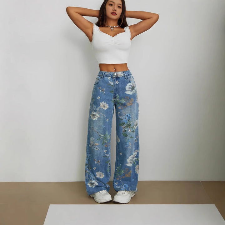 Kvinders brede jeans med blomstret design og høj talje Stilla