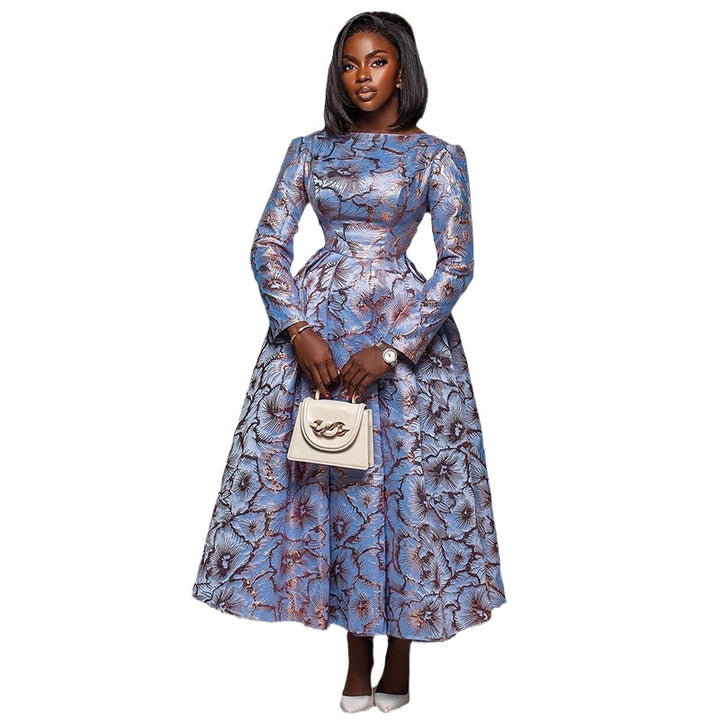 Femme Elegante Langærmet Blomster mønster Midi Kjole Stilla