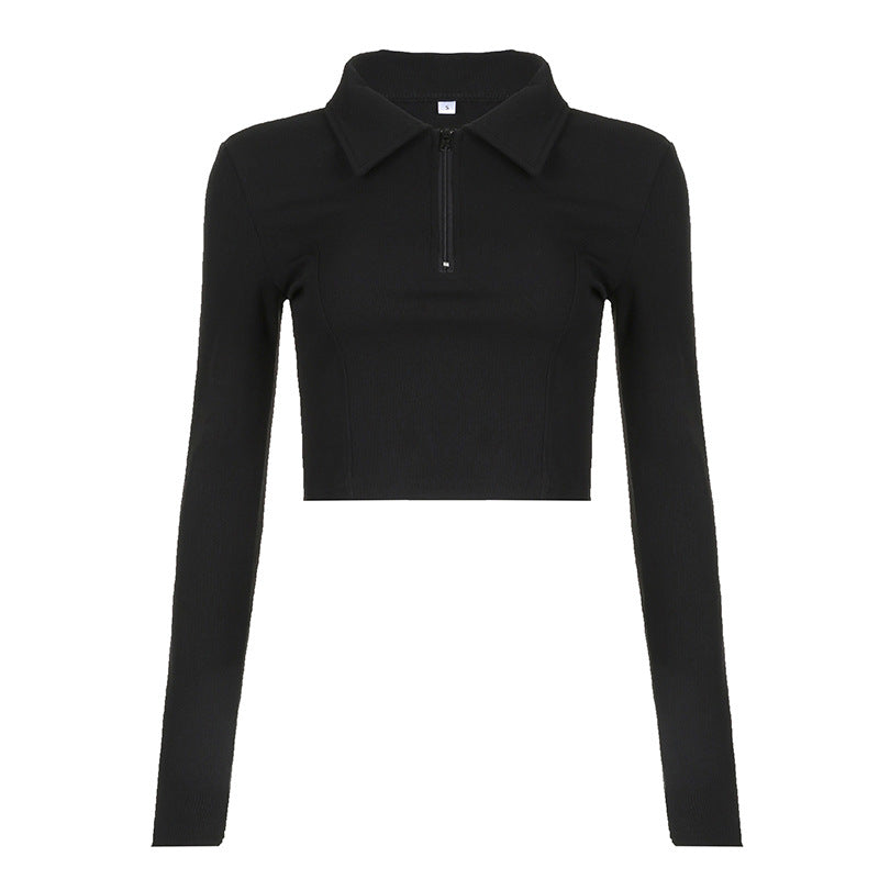 Dame langærmet cropped polo skjorte med blødt strukturmateriale Skovae