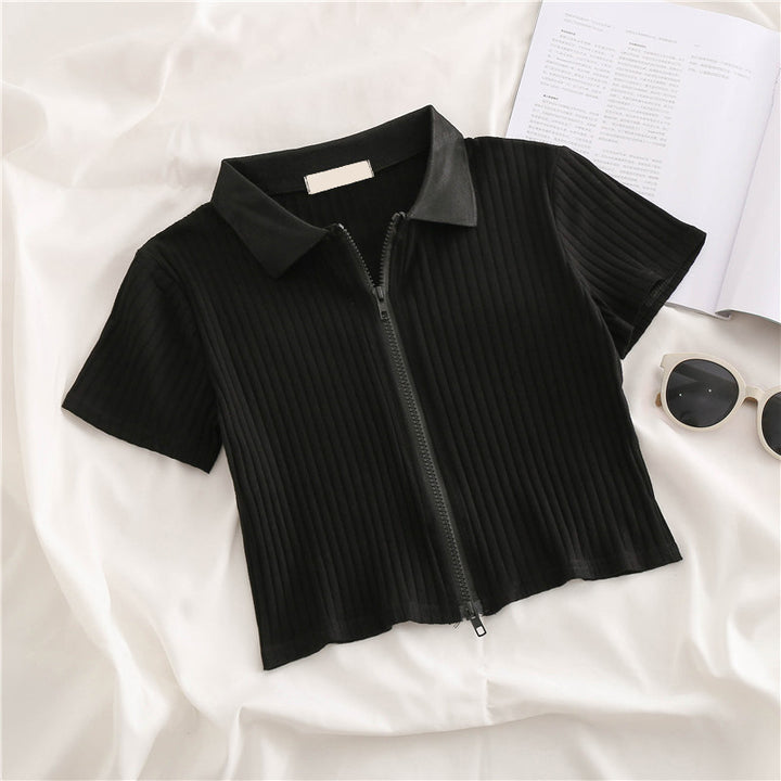 Femme Lynlås Rib-Crop-Polo-Top Stilla
