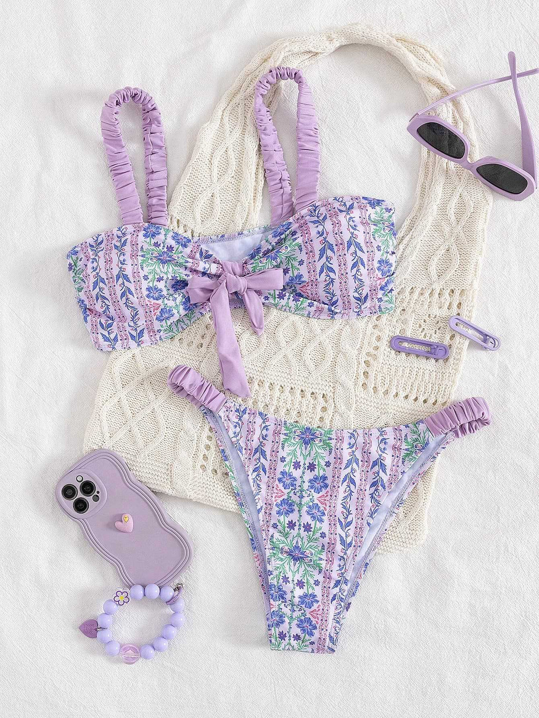 Dame Bandeau-bikini med blomsterdesign og legesyge flæser Skovae