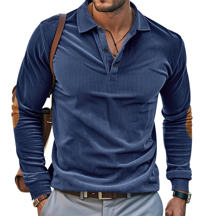 Herrer afslappet langærmet Henley-skjorte med struktureret overflademateriale og elegante læderdetaljer Stilla