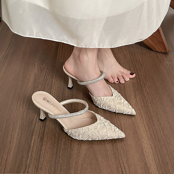 Dame Elegant Spidse Tå Slingback Mules med Strass Accent Stilla
