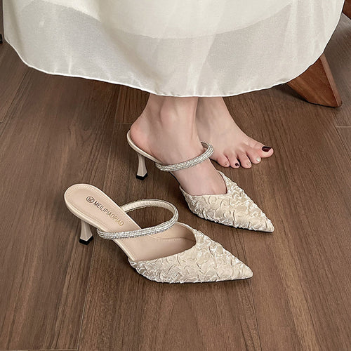 Dame Elegant Spidse Tå Slingback Mules med Strass Accent Stilla