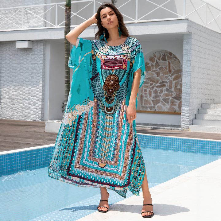 Dame Maxi-Kaftan med moderne etnisk design og elegant V-udskæring Stilla
