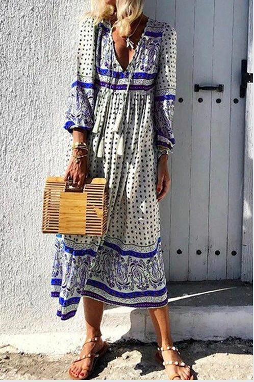 Dame Boho-Midi kjole med fine detaljer og smart mønster Stilla