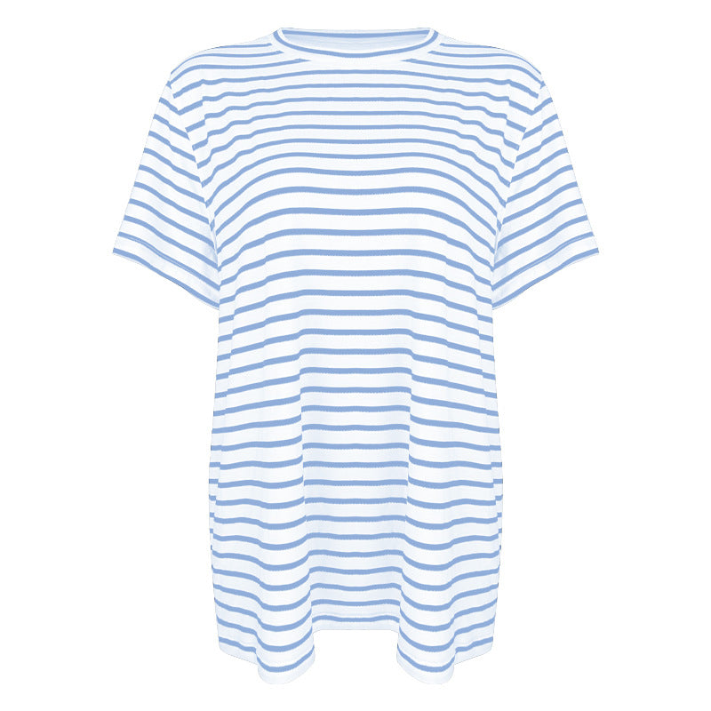 Damer casual stribet oversized T-shirt i blødt bomuld med rund halsudskæring Stilla
