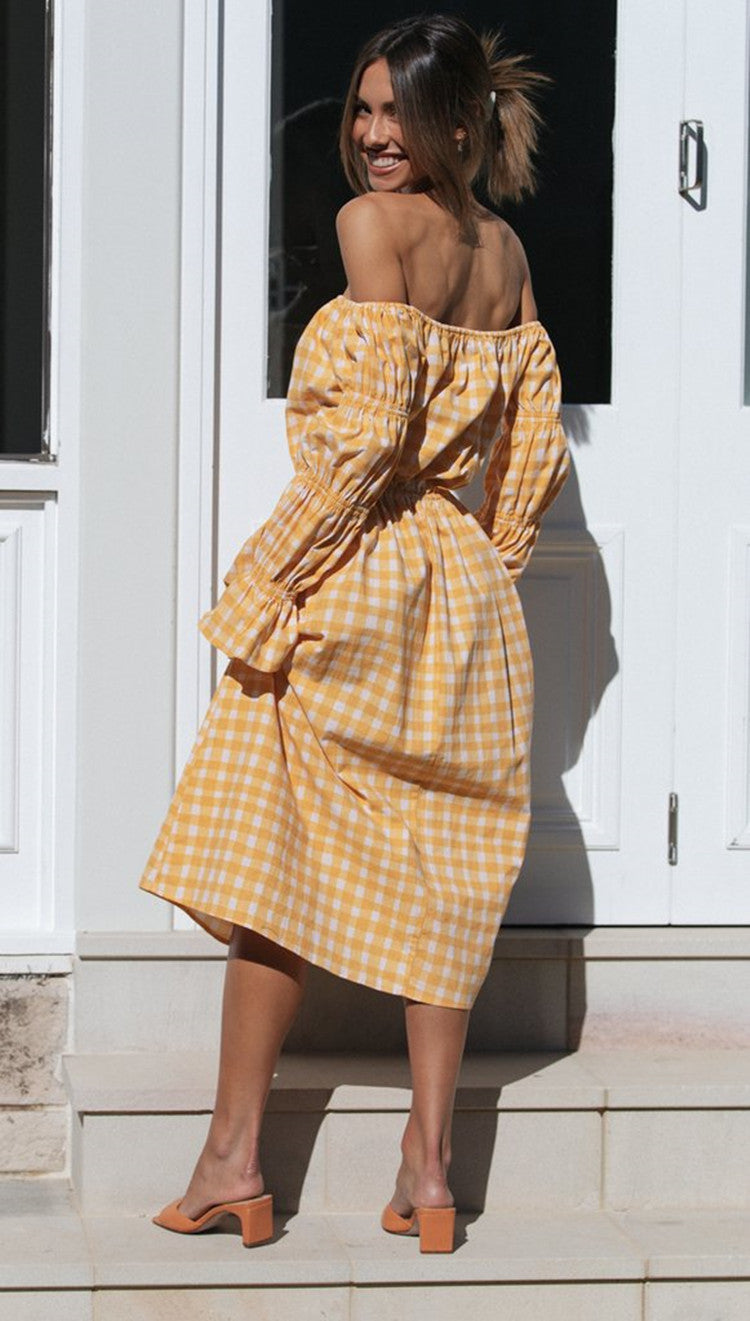 Damer Off-Shoulder Midi-kjole med elegante puffærmer i ternet mønster Stilla