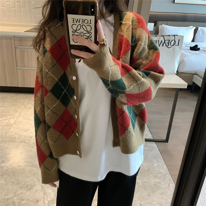 Femme Artistic Argyle Strikcardigan Stilla