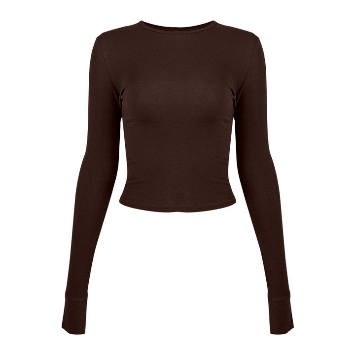 Dame figursyet Langærmet Crop-Top i høj kvalitets strækmateriale med Rundhalsudskæring Stilla