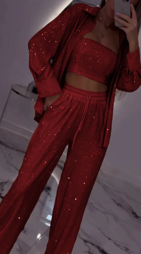 Dame fritids-loungewear sæt med glitrende top og elastiske bukser Stilla